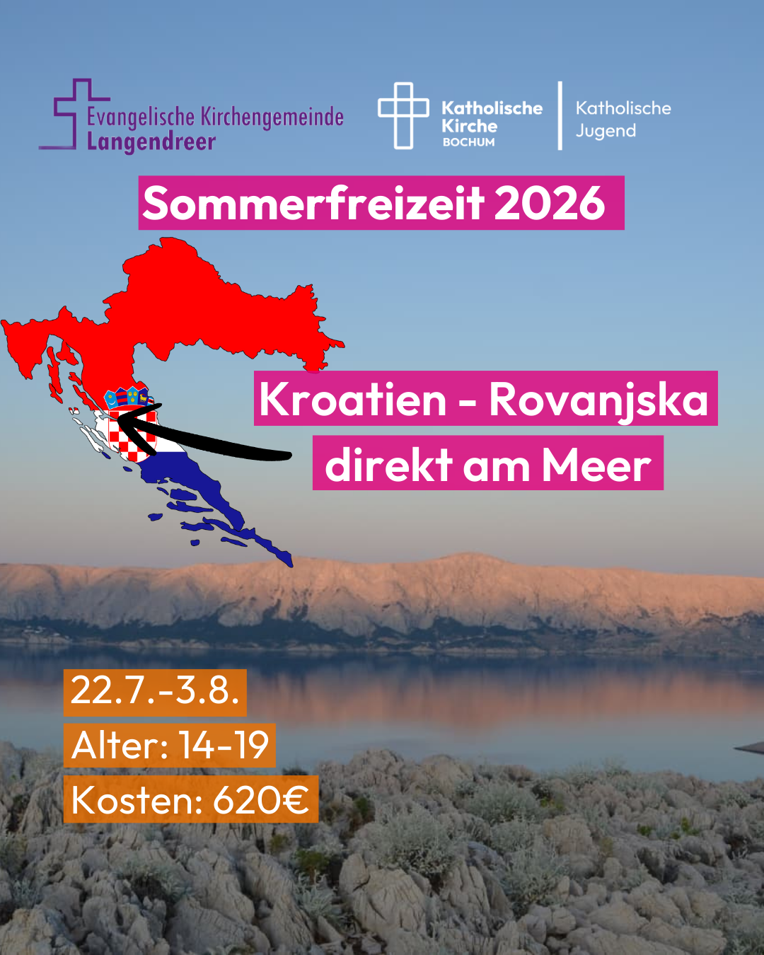 Sommerfrieziet 2026 Kroatien Rovanjska, dierekt am Meer 27.07. - 03.08.;  Alter 14-19;   Kosten 620 €